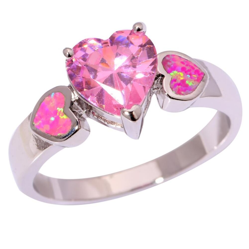 New Pink Topaz and Pink Fire Opal Hearts 925 Silver Ring - Size 5.75